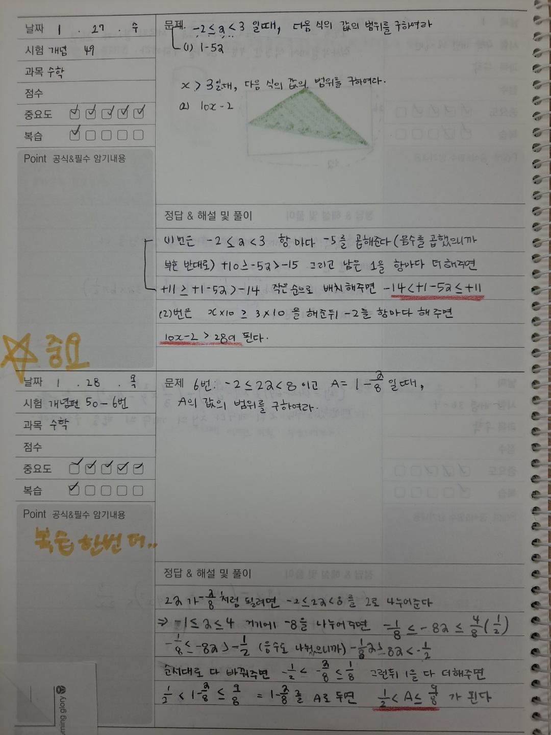 은평점 수학 복습 노트 — 날짜·과목·중요도·복습 체크 칸과 정답 및 해설 풀이가 정리된 페이지